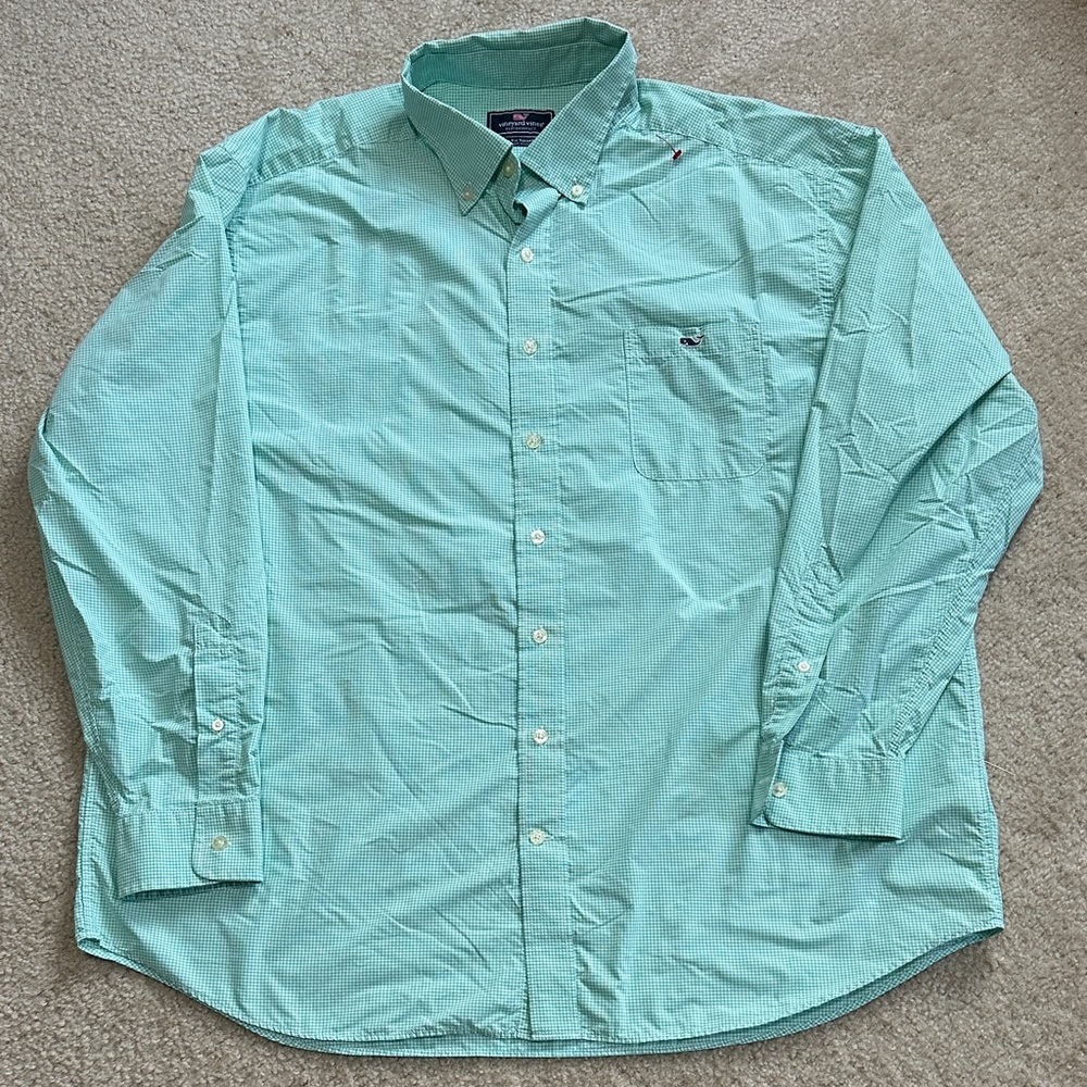 Vineyard Vines Light Green and White Gingham Casual Button-Down Shirt